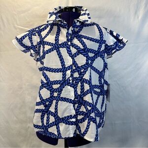 Women’s XL Blue and White Rope Pattern Ruffle Short Sleeve & Ruffle Collar Shirt